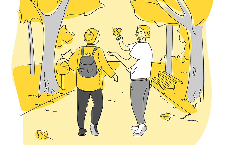 Piirroskuvassa nainen ja mies kävelevät puistossa.