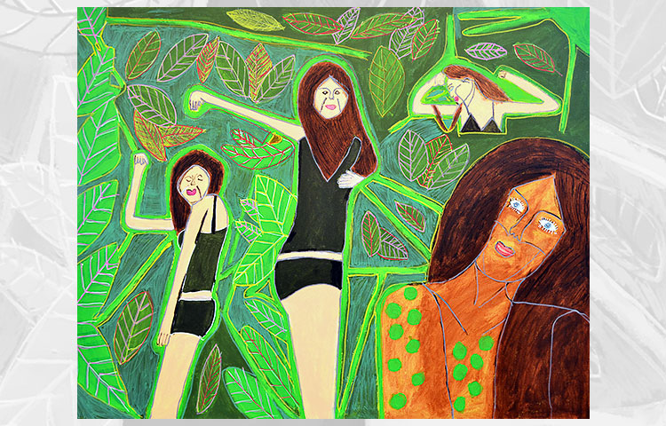 Värikkäässä maalauksessa on kolme naishahmoa.