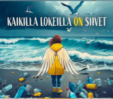 Kaikilla lokeilla on siivet -juliste: piirros, jossa nainen seisoo merenrannalla, ympärillä paljon roskia.