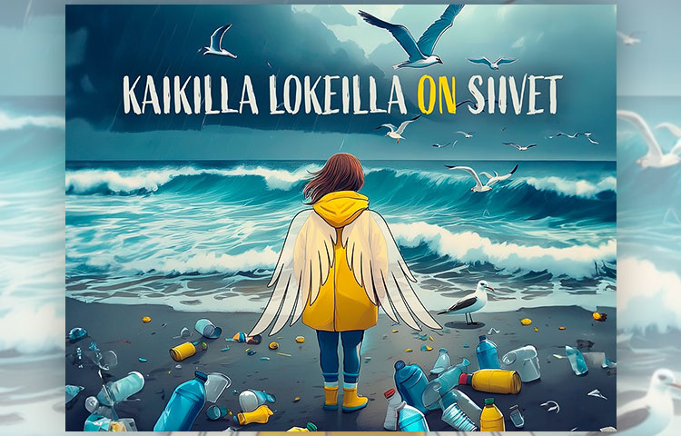 Kaikilla lokeilla on siivet -juliste: piirros, jossa nainen seisoo merenrannalla, ympärillä paljon roskia.